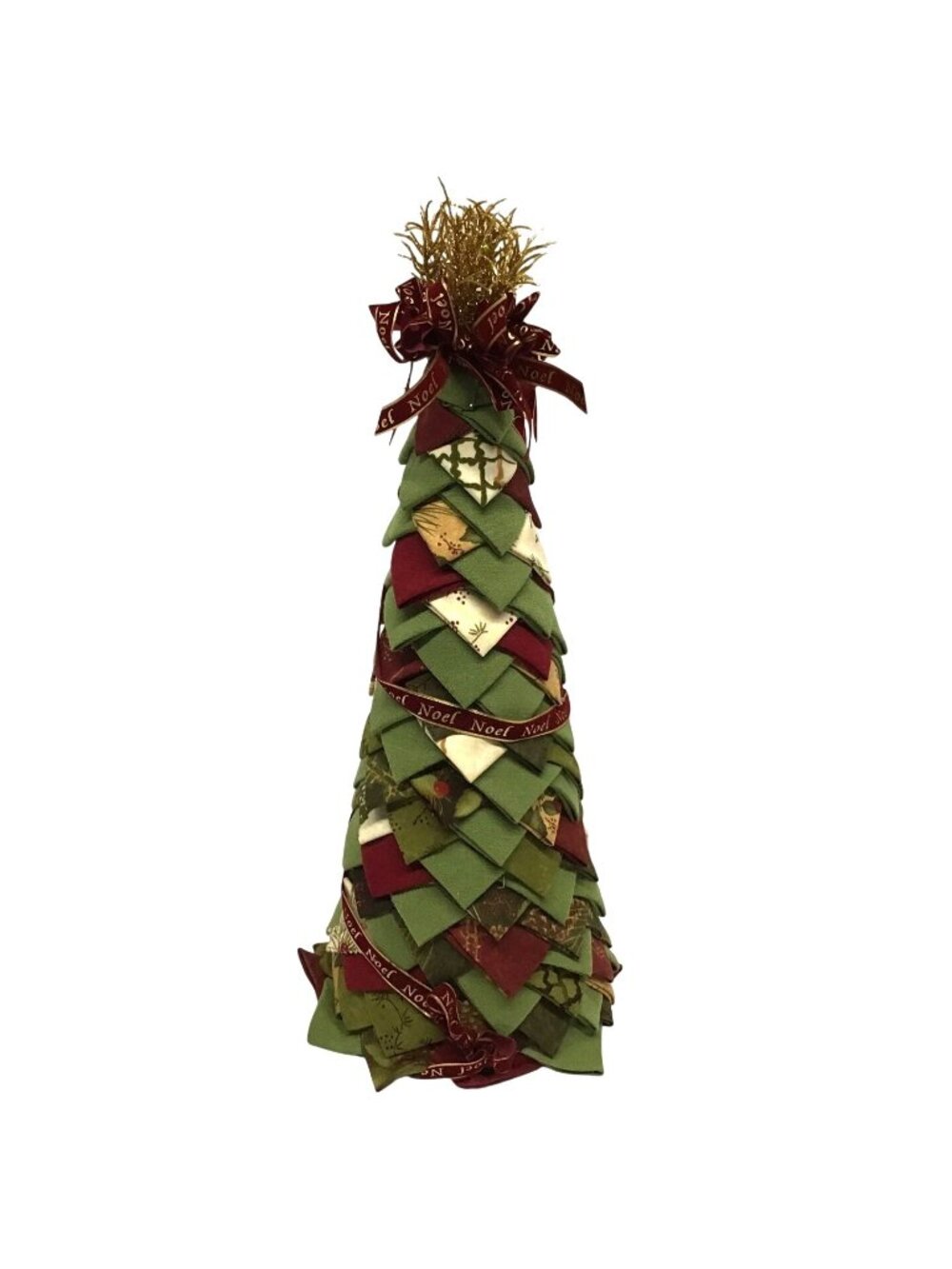 Handmade No Sew Fabric Ribbon Green Red Gold 14 inch Cone Christmas Tree